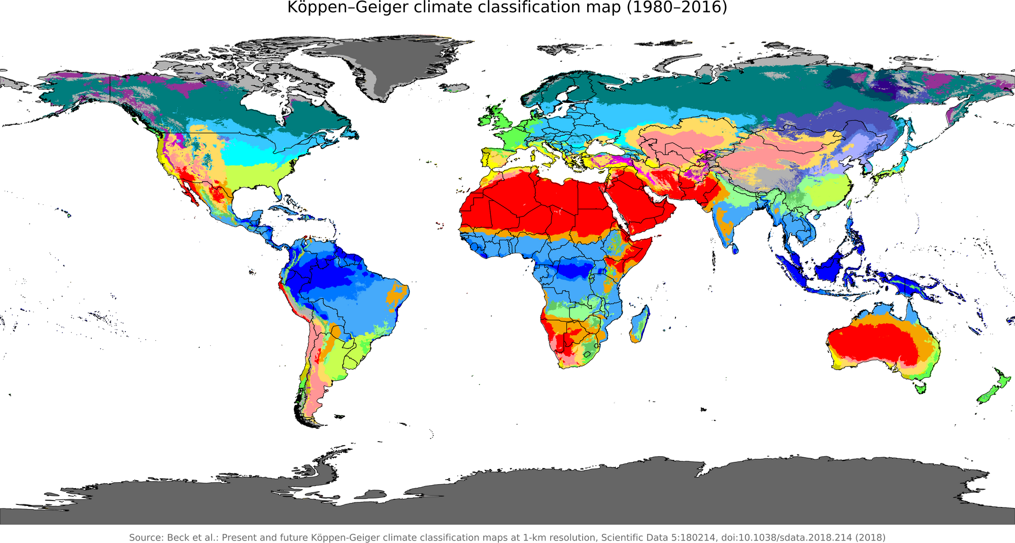 Köppen-Geiger Climate Classification Map by Beck et al., Wikimedia Commons